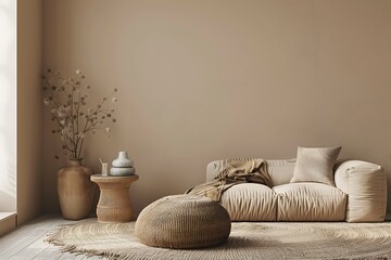 Interior design of living room with copy space, beige sofa, side table, leaf in vase, pouf, elegant accessories and boucle rug. Beige wall. Minimalist home decor. Template.