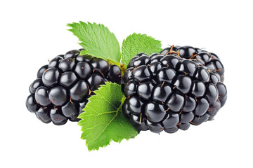 Three dark blackberries are shown with green leaves.  They are in close-up and look fresh.