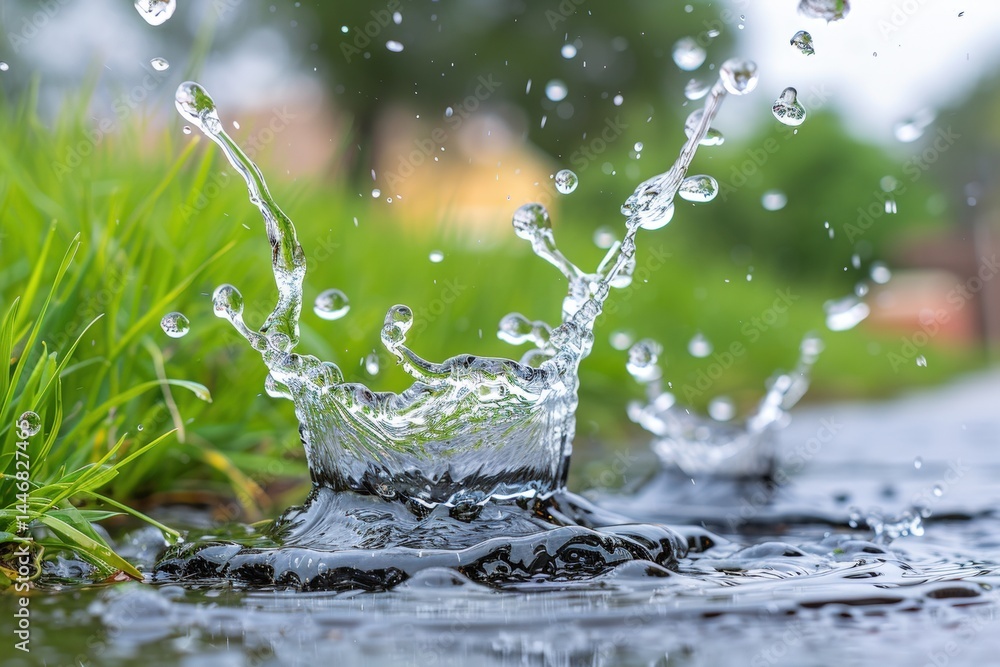 Poster water splash with grass background creating a refreshing scene.