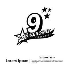 9th years anniversary celebration emblem. black anniversary logo isolated with ribbon and stars on white background. vector illustration template design for web, flyers, poster, greeting card	