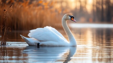 Fototapeta premium Elegant swan gliding serenely across reflective water at sunset landscape