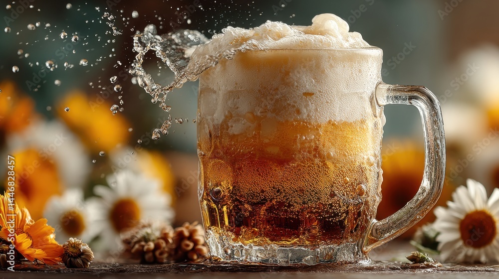 Poster refreshing beer mug with overflowing foam and water splashes in a bright setting