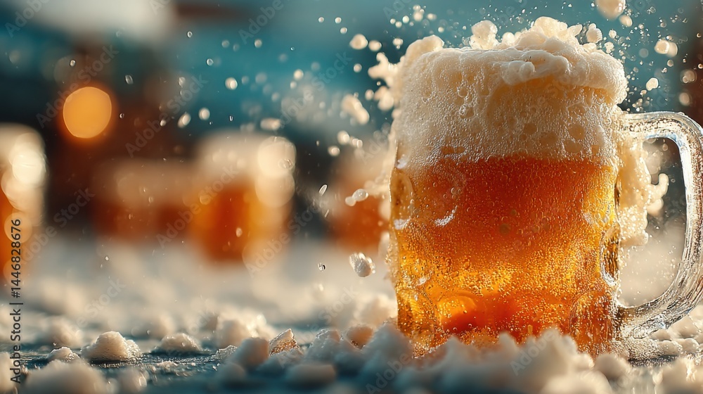 Poster refreshing beer overflowing from a glass mug with a foamy head and bubbles.
