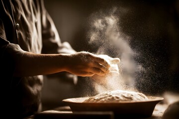 A chef is making bread and the flour is flying everywhere