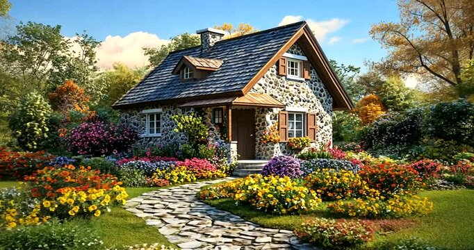 old house with flower garden in front