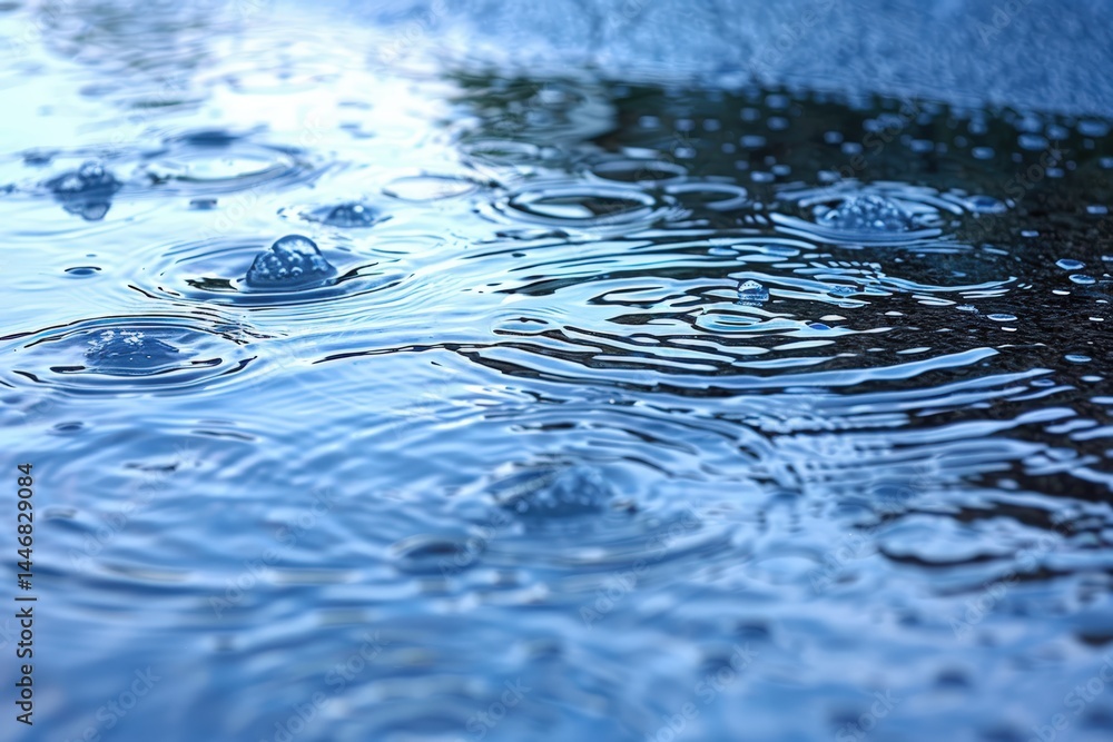 Poster rainwater creating ripples on a surface with bubbles forming.