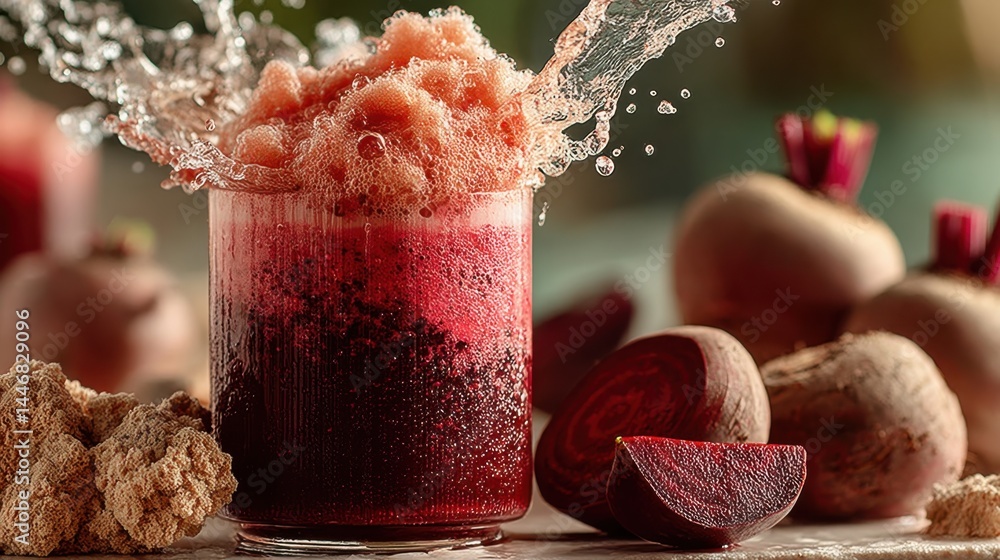 Poster refreshing beetroot juice splash with fresh beets and healthy beverage concept
