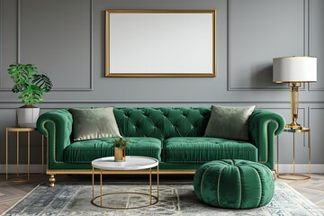 Luxury living room in house with modern interior design, green velvet sofa, coffee table, pouf, gold decoration, plant, lamp, carpet, mock up poster frame and elegant accessories. Template.