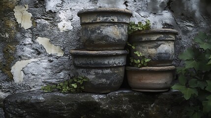Obraz premium Aged terracotta pots clustered on a weathered stone ledge.