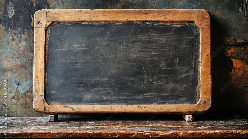 Aufkleber rustic blackboard on weathered surface, nostalgic education tool with wood frame and hints of chalk,