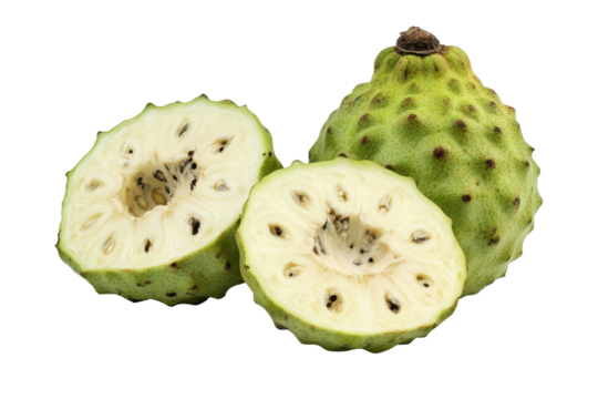 Two halves and one whole example of a tropical fruit, displaying its unique, bumpy green skin and creamy white interior.