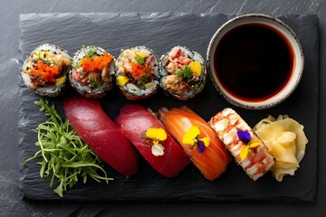 A plate of sushi with a sauce and garnish