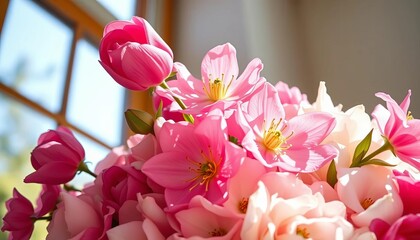 Obraz premium Intricate bridal bouquet blooms close-up, sunlit windowsill, marriage, macro