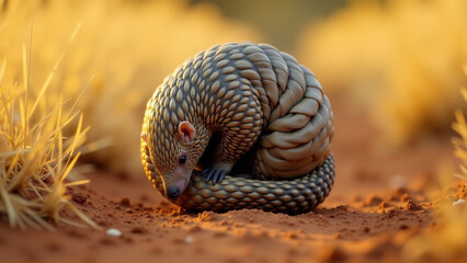 Fototapeta premium Vulnerable Moment: Pangolin Mid-Curl in Grassland