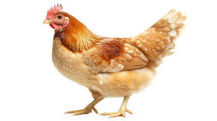 Chicken in studio on patterned flooring looking at camera