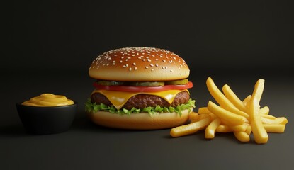 Classic burger with fries.  A delectable cheeseburger and crispy french fries, presented alongside a side of mustard