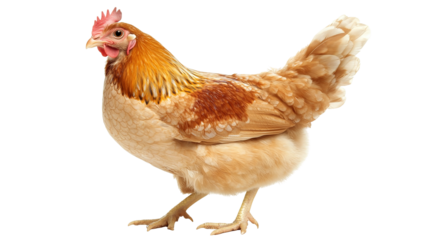 Chicken in studio on patterned flooring looking at camera