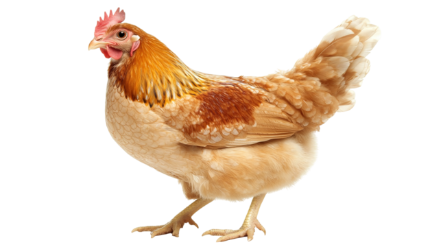 Chicken in studio on patterned flooring looking at camera