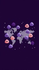 Cute Cartoon Creatures on a World Map Illustration Global Community Concept Design