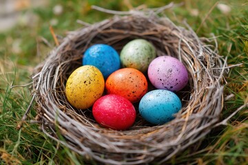 Colorful easter eggs nestled in grass symbolizing renewal and joy for vibrant spring celebrations and festive holiday imagery