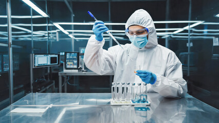 High-tech pharmaceutical laboratory, close-up of a scientist in full PPE using precision instruments to measure active compounds, sterile and futuristic environment.