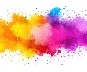 Vibrant color explosion; a horizontal burst of yellow, orange, red, pink, and blue hues with splatters on white