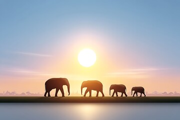 Fototapeta premium Elephant Family Silhouette Sunset Safari.