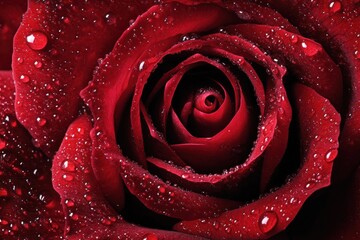 Naklejka premium Close-up of water droplets resting on a deep red rose petal