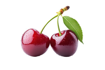 Close-up image of two perfect, glossy red cherries with leaves.  The cherries are set against a dark background.