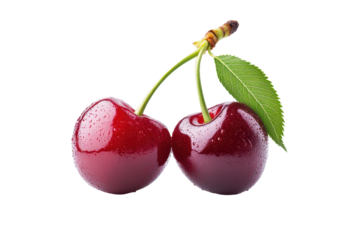 Close-up image of two perfect, glossy red cherries with leaves.  The cherries are set against a dark background.