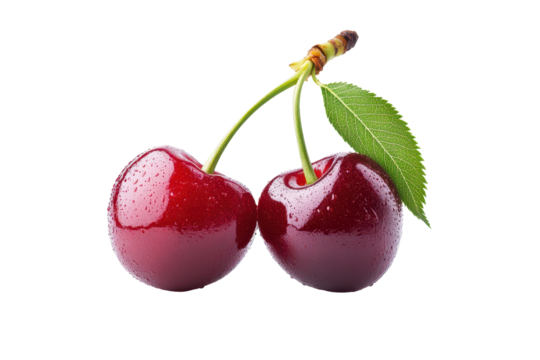 Close-up image of two perfect, glossy red cherries with leaves.  The cherries are set against a dark background.
