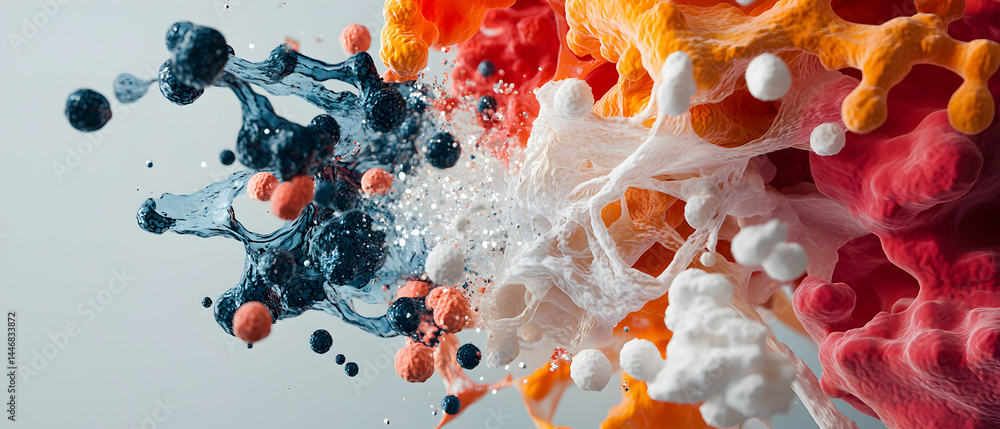 Poster abstract art depicting microscopic biological structures such as cells or molecules. suitable for sc