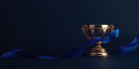 Gold trophy with blue ribbon on dark background (4)