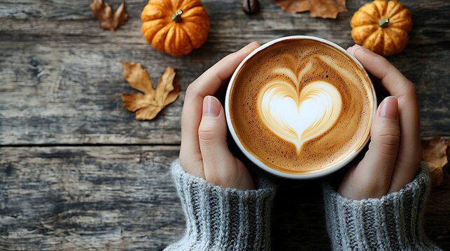 Cozy autumn scene hands holding a latte with heart design