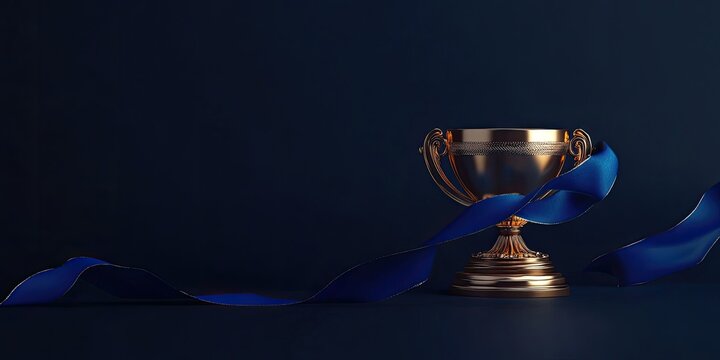 Gold trophy with blue ribbon on dark background (4)