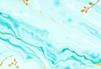 Pastel cyan mint liquid marble watercolor background with golden eucalyptus leaves and brush strokes, liquid, wedding