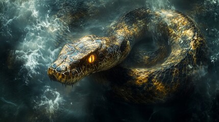 Fototapeta premium Golden Snake in Dark Water