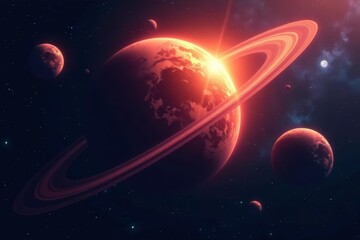 Glowing planet with orbiting moons in deep space, stars, Planetary, galaxy