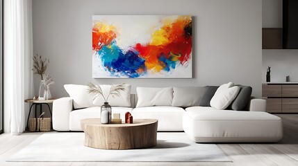 A modern living room interior featuring cozy, plush white sofas, a wooden side table with decorative items, and minimalist decor. The space is enhanced by a large abstract painting and a soft rug