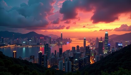 Dramatic sunset over Hong Kong skyline with stunning city lights, architecture, urban, Victoria Harbour