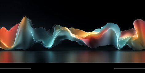 Abstract, fluid, and colorful shapes in the dark, a 3D rendering illustration on a black background with space for text or design. A modern art poster.Generative AI