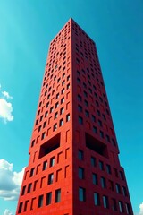 Dramatic high-rise tower with red and orange facade against clear blue sky, urban, vibrant, skyscraper