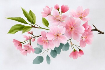 Naklejka premium Beautiful cherry blossom branch blooming with pink flowers and green leaves