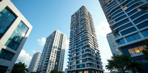 Contemporary high-rise building in urban setting with sleek architectural design, vertical, contemporary , high-rise