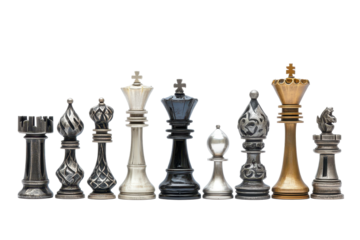 Collection of dark and light-colored metal chess pieces arranged in a horizontal row, showing various shapes and designs.