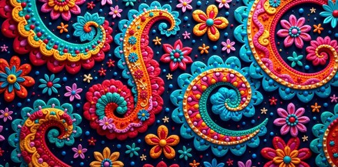 Colorful paisley textile patchwork with intricate details, colorful, fabric, vector
