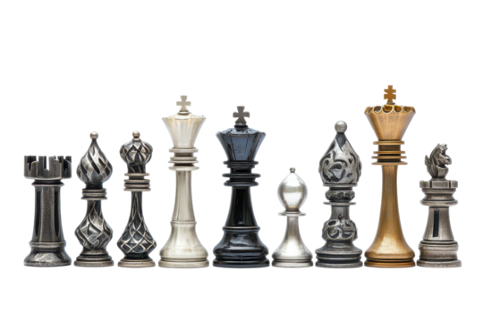 Collection of dark and light-colored metal chess pieces arranged in a horizontal row, showing various shapes and designs.