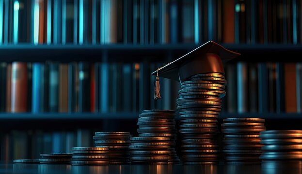 Graduation cap atop rising coin stacks, library backdrop