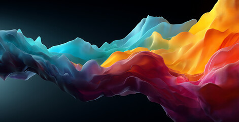 Abstract, fluid, and colorful shapes in the dark, a 3D rendering illustration on a black background with space for text or design. A modern art poster.Generative AI