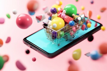 Colorful 3D groceries emerging from smartphone, online grocery shopping concept, futuristic digital convenience